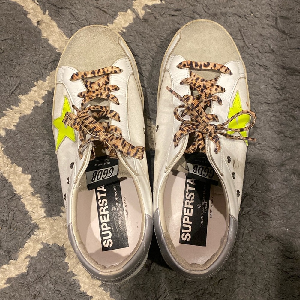 Golden Goose Deluxe SUPERSTAR White Grey Yellow Leopard print laces 41 us10